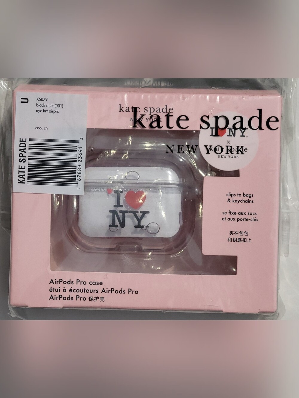 kate spade New York Clear/Glitter AirPods Pro Case with Pink Heart I ♥ NY Design